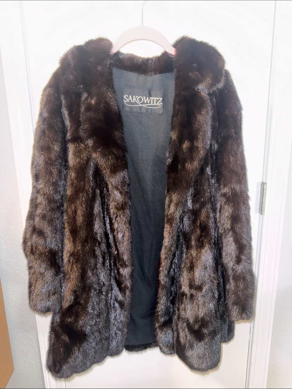 Vintage Sakowitz Dark Ranch Mink Fur Coat Midi Shawl Collar Genuine Mink